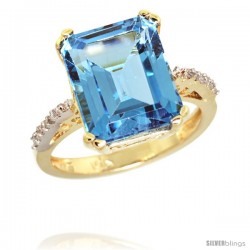 10k Yellow Gold Diamond Swiss Blue Topaz Ring 5.83 ct Emerald Shape 12x10 Stone 1/2 in wide