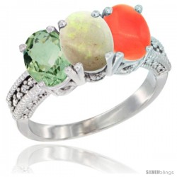 14K White Gold Natural Green Amethyst, Opal & Coral Ring 3-Stone 7x5 mm Oval Diamond Accent