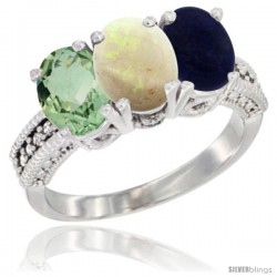 14K White Gold Natural Green Amethyst, Opal & Lapis Ring 3-Stone 7x5 mm Oval Diamond Accent