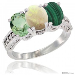 14K White Gold Natural Green Amethyst, Opal & Malachite Ring 3-Stone 7x5 mm Oval Diamond Accent