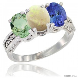 14K White Gold Natural Green Amethyst, Opal & Tanzanite Ring 3-Stone 7x5 mm Oval Diamond Accent