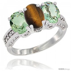 14K White Gold Natural Tiger Eye & Green Amethyst Sides Ring 3-Stone 7x5 mm Oval Diamond Accent