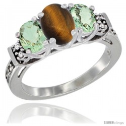 14K White Gold Natural Tiger Eye & Green Amethyst Ring 3-Stone Oval with Diamond Accent