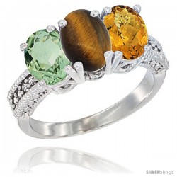 14K White Gold Natural Green Amethyst, Tiger Eye & Whisky Quartz Ring 3-Stone 7x5 mm Oval Diamond Accent