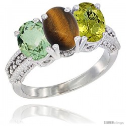 14K White Gold Natural Green Amethyst, Tiger Eye & Lemon Quartz Ring 3-Stone 7x5 mm Oval Diamond Accent