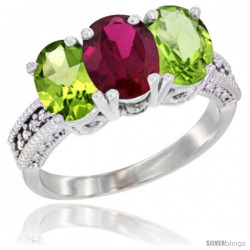 14K White Gold Natural Ruby & Peridot Sides Ring 3-Stone Oval 7x5 mm Diamond Accent