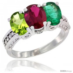 14K White Gold Natural Peridot, Ruby & Emerald Ring 3-Stone Oval 7x5 mm Diamond Accent