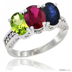 14K White Gold Natural Peridot, Ruby & Blue Sapphire Ring 3-Stone Oval 7x5 mm Diamond Accent