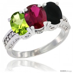 14K White Gold Natural Peridot, Ruby & Black Onyx Ring 3-Stone Oval 7x5 mm Diamond Accent