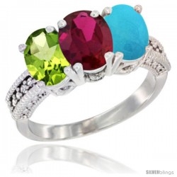 14K White Gold Natural Peridot, Ruby & Turquoise Ring 3-Stone Oval 7x5 mm Diamond Accent