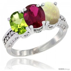 14K White Gold Natural Peridot, Ruby & Opal Ring 3-Stone Oval 7x5 mm Diamond Accent