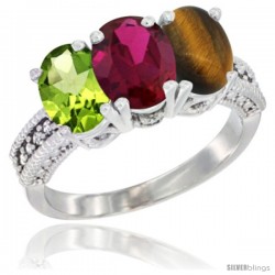 14K White Gold Natural Peridot, Ruby & Tiger Eye Ring 3-Stone Oval 7x5 mm Diamond Accent