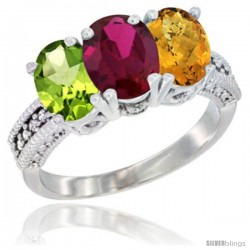 14K White Gold Natural Peridot, Ruby & Whisky Quartz Ring 3-Stone Oval 7x5 mm Diamond Accent