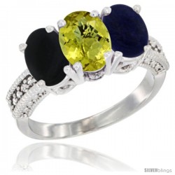 10K White Gold Natural Black Onyx, Lemon Quartz & Lapis Ring 3-Stone Oval 7x5 mm Diamond Accent