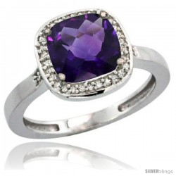 Sterling Silver Diamond Natural Amethyst Ring 2.08 ct Checkerboard Cushion 8mm Stone 1/2.08 in wide