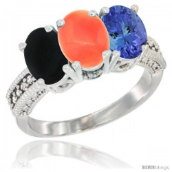 10K White Gold Natural Black Onyx, Coral & Tanzanite Ring 3-Stone Oval 7x5 mm Diamond Accent