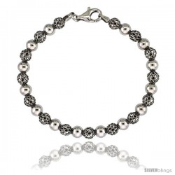 Sterling Silver Polished Filigree Bead Bracelet White Gold Finish, 7 in