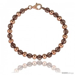 Sterling Silver Polished Filigree Bead Bracelet Rose Gold Finish, 7 in