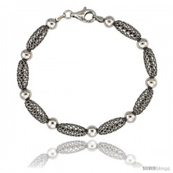 Sterling Silver Oval Filigree Bead Bracelet White Gold Finish, 7 in