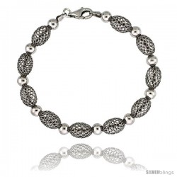 Sterling Silver Oval Filigree Bead Bracelet White Gold Finish, 7 in -Style Fbb104h