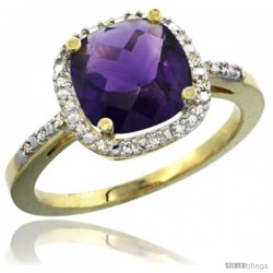 14k Yellow Gold Ladies Natural Amethyst Ring Cushion-cut 3.8 ct. 8x8 Stone Diamond Accent