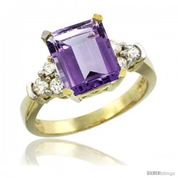 14k Yellow Gold Ladies Natural Amethyst Ring Emerald-shape 9x7 Stone Diamond Accent