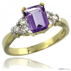 14k Yellow Gold Ladies Natural Amethyst Ring Emerald-shape 7x5 Stone Diamond Accent