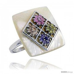 Mother of Pearl Square Ring in Solid Sterling Silver, Accented with Tiny High Quality Citrine, Pink Tourmaline, Amethyst