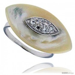 Marquise-shaped Mother of Pearl Ring in Solid Sterling Silver, Accented with Tiny High Quality CZ's, 9/16 (15 mm) wide