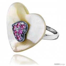 Heart-shaped Mother of Pearl Ring in Solid Sterling Silver, Accented with Tiny High Quality Pink Tourmaline CZ's, 7/8 (22 mm)