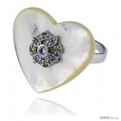 Heart-shaped Mother of Pearl Ring in Solid Sterling Silver, Accented with Tiny High Quality CZ's, 7/8 (22 mm) wide