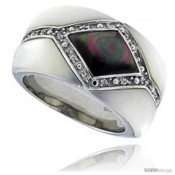 Black & White Mother of Pearl Band in Solid Sterling Silver, Accented with Tiny High Quality CZ's, 1/2" (13 mm) wide