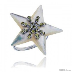 Star Mother of Pearl Ring in Solid Sterling Silver, Accented with Tiny High Quality CZ's, 1 1/8 (29 mm) wide