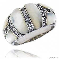 Mother of Pearl Dome Band in Solid Sterling Silver, Accented with Tiny High Quality CZ's, 1/2" (12 mm) wide