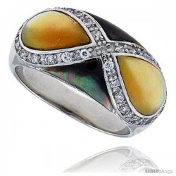 Yellow & Black Mother of Pearl Dome Band in Solid Sterling Silver, Accented with Tiny High Quality CZ's, 11/16" (16 mm) wide