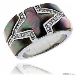 Black Mother of Pearl Cross Band in Solid Sterling Silver, Accented with Tiny High Quality CZ's, 7/16" (12 mm) wide