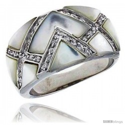 Mother of Pearl Dome Band in Solid Sterling Silver, Accented with Tiny High Quality CZ's, 1/2" (12 mm) wide -Style Rzs8