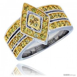 Sterling Silver & Rhodium Plated Diamond-shaped Band, w/ Tiny High Quality Citrine CZ's, 9/16" (15 mm) wide