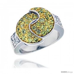 Sterling Silver & Rhodium Plated Double Crescent Moon Ring, w/ Tiny High Quality White & Citrine CZ's, 9/16 (14 mm) wide