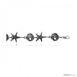 Sterling Silver Star Fish & Sand Dollar Charm Bracelet, 5/8" (15 mm).