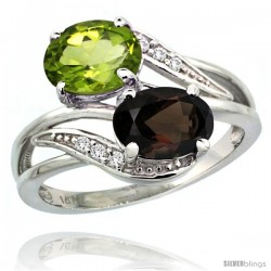 14k White Gold ( 8x6 mm ) Double Stone Engagement Smoky Topaz & Peridot Ring w/ 0.07 Carat Brilliant Cut Diamonds & 2.34 Carats