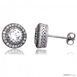 Sterling Silver Cubic Zirconia Micro Pave Halo Stud Earrings 1 ct Center 3/8 in