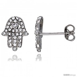 Sterling Silver Cubic Zirconia Micro Pave Small Hamsa Earrings 3/8 in