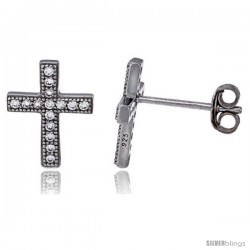 Sterling Silver Cubic Zirconia Cross Stud Earrings Micro Pave 1/2 in