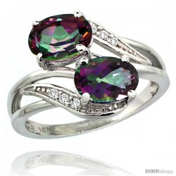 14k White Gold ( 8x6 mm ) Double Stone Engagement Mystic Topaz Ring w/ 0.07 Carat Brilliant Cut Diamonds & 2.34 Carats Oval Cut