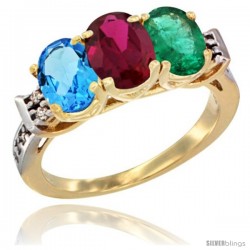 10K Yellow Gold Natural Swiss Blue Topaz, Ruby & Emerald Ring 3-Stone Oval 7x5 mm Diamond Accent