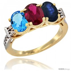 10K Yellow Gold Natural Swiss Blue Topaz, Ruby & Blue Sapphire Ring 3-Stone Oval 7x5 mm Diamond Accent