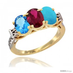 10K Yellow Gold Natural Swiss Blue Topaz, Ruby & Turquoise Ring 3-Stone Oval 7x5 mm Diamond Accent