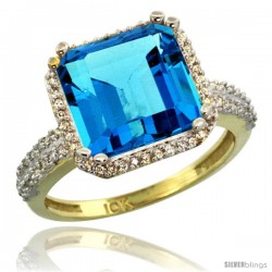 10k Yellow Gold Diamond Halo Swiss Blue Topaz Ring Checkerboard Cushion 11 mm 5.85 ct 1/2 in wide