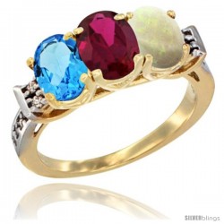 10K Yellow Gold Natural Swiss Blue Topaz, Ruby & Opal Ring 3-Stone Oval 7x5 mm Diamond Accent